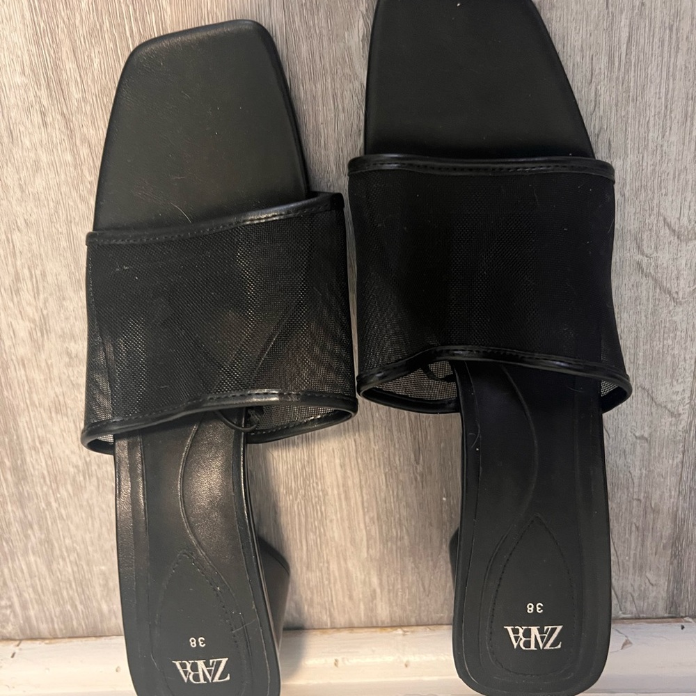 Zara Black Mesh Women's Mules Block Heel Sandals
